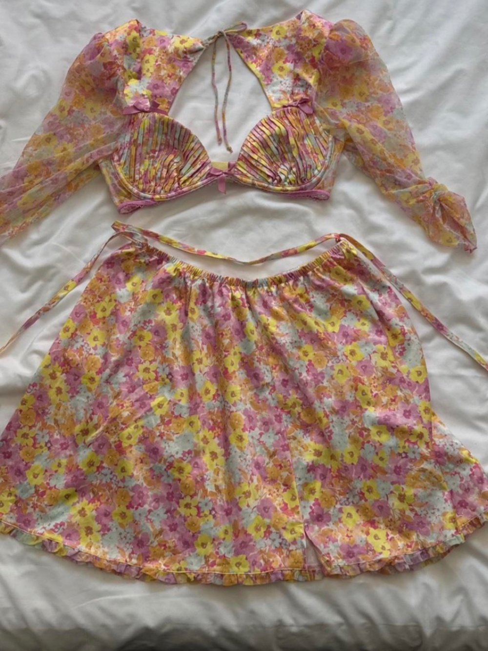 For Love & Lemons Pink Punch Floral Bra Top & Skirt Set- small